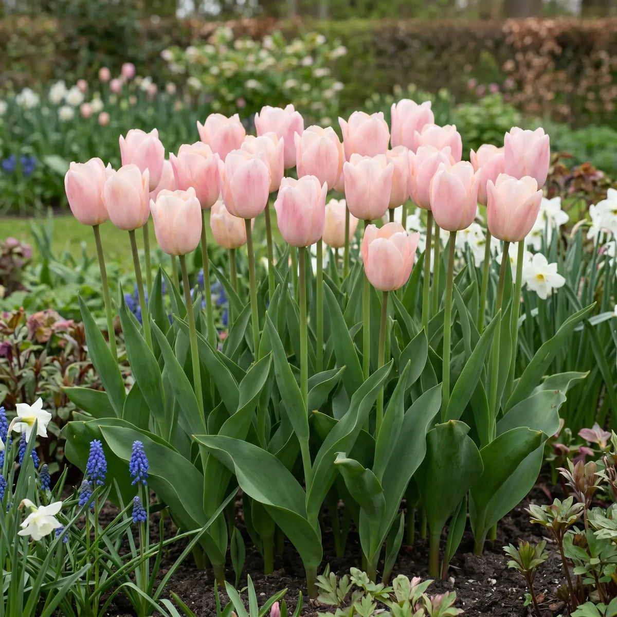 Tulipa Apricot Beauty in een natuurlijke voorjaarsborder