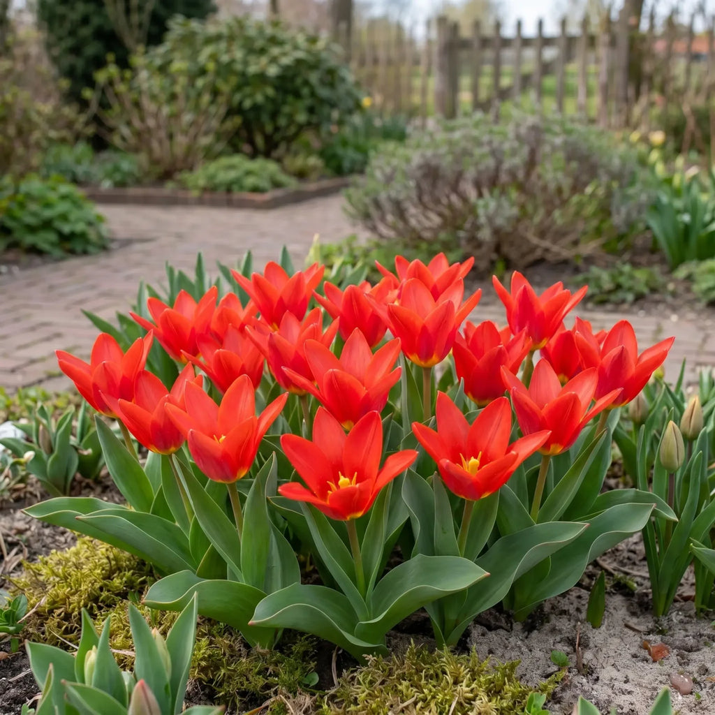 Tulipa Scarlet Baby (waterlelie-tulp) in een voorjaarsborder