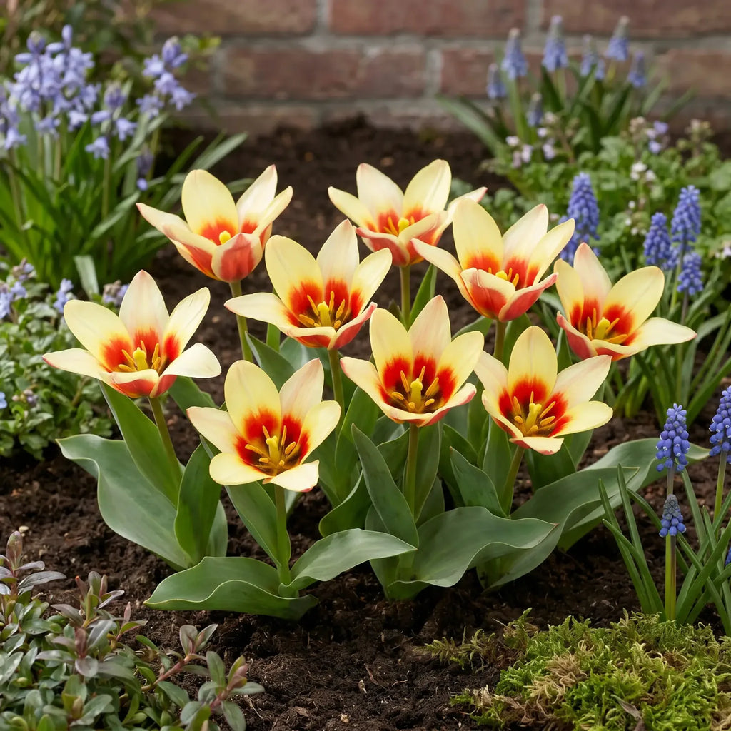 Tulipa Johan Strauss (waterlelie-tulp) in een voorjaarsborder