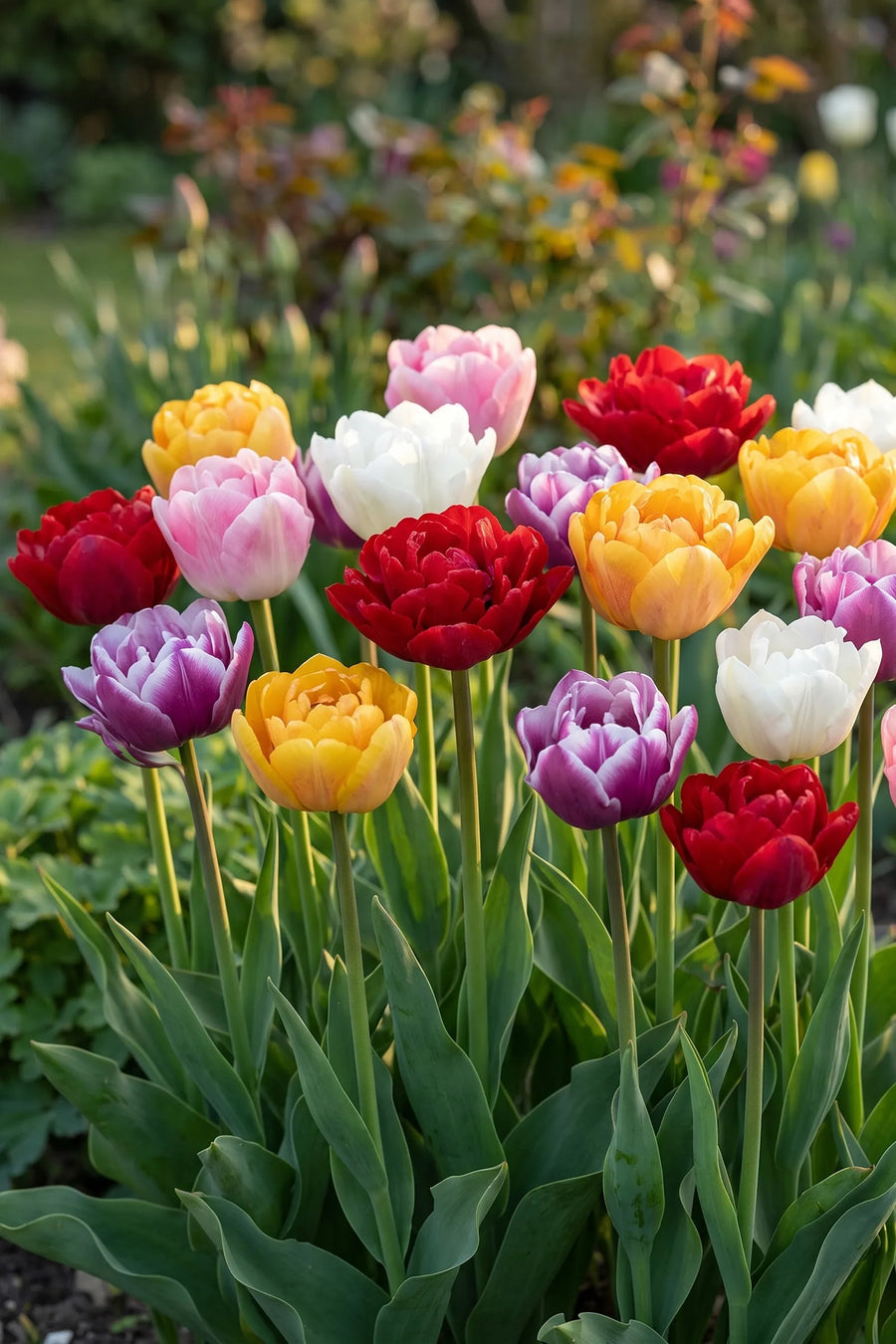 Tulipa Double Early Mixed in bloei in een voorjaarsborder