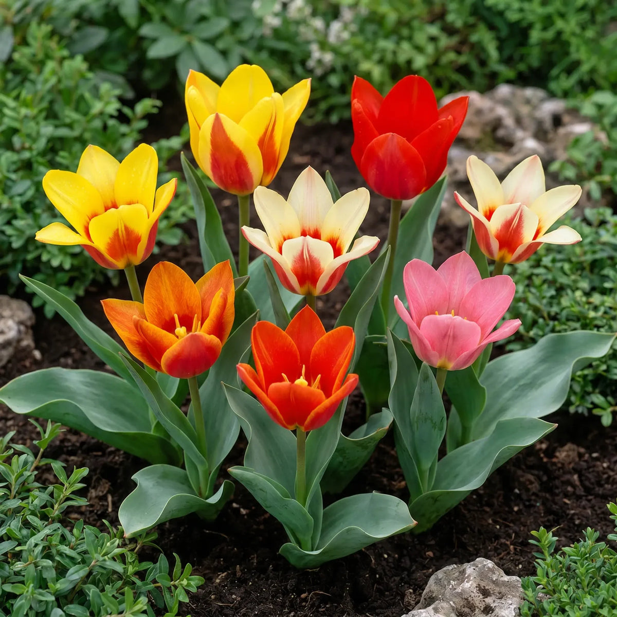 Groep gemengde kaufmanniana tulpen in een tuinborder