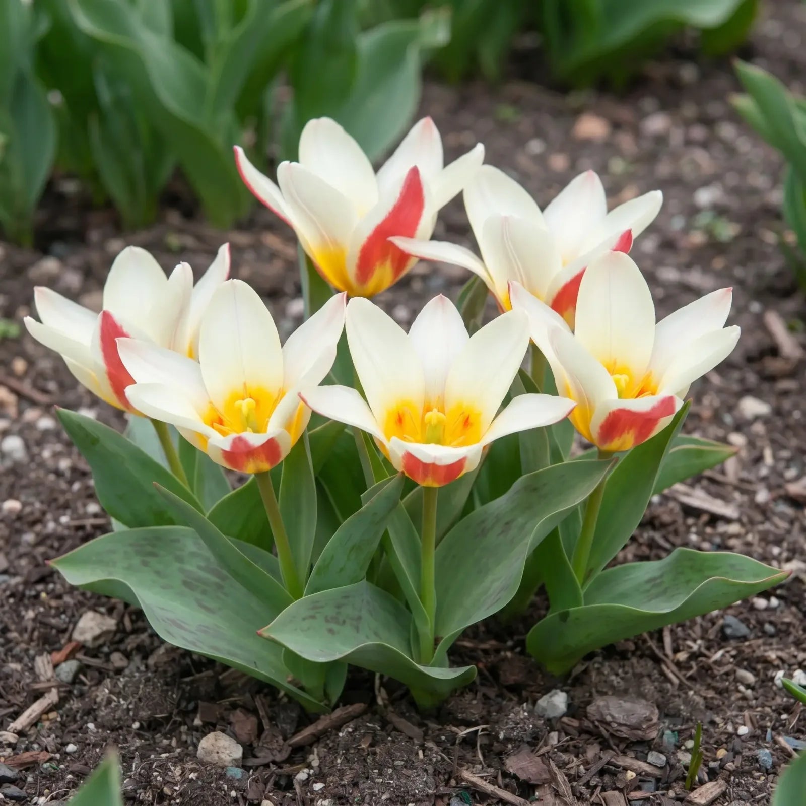 Groep Tulipa The First in een tuinborder