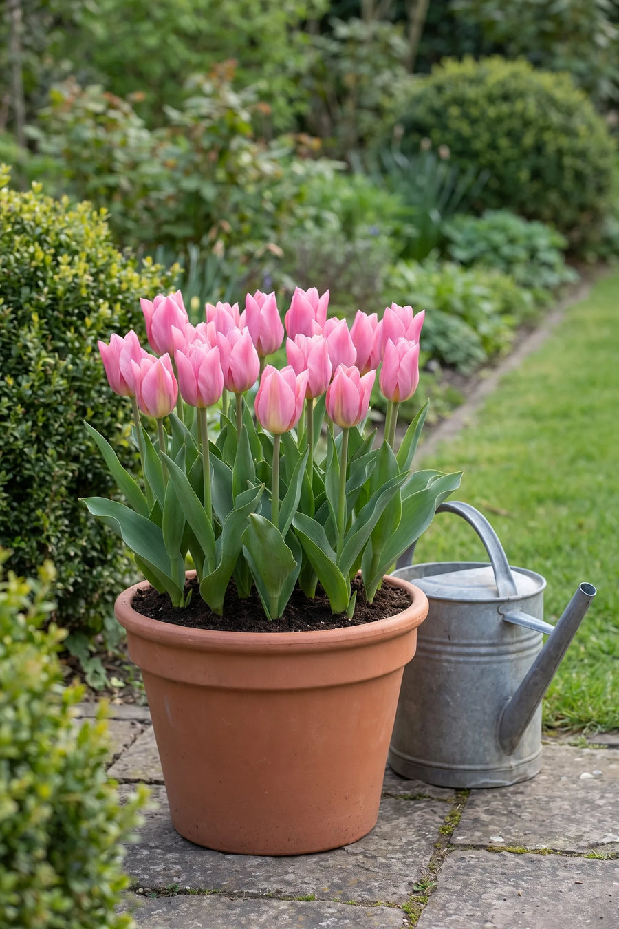 Tulipa Albert Heijn in een pot op een terras
