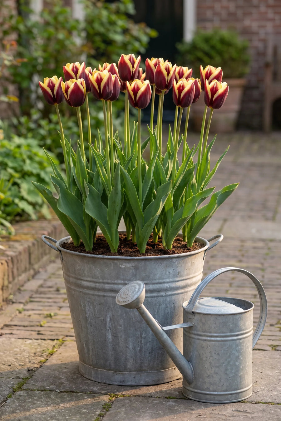 Tulipa Gavota in een pot op een terras