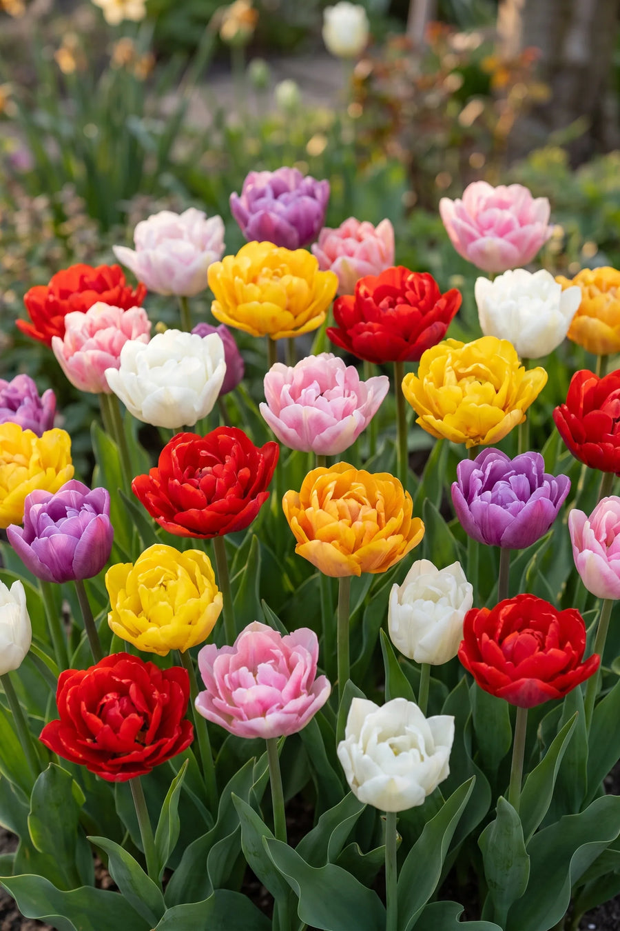 Tulipa Double Early Mixed vanuit een natuurlijke tuinhoek