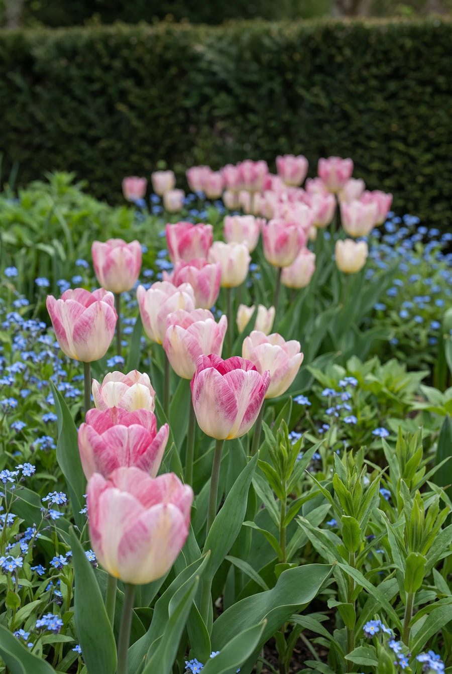 Tulipa Flaming Purissima — groep in de border