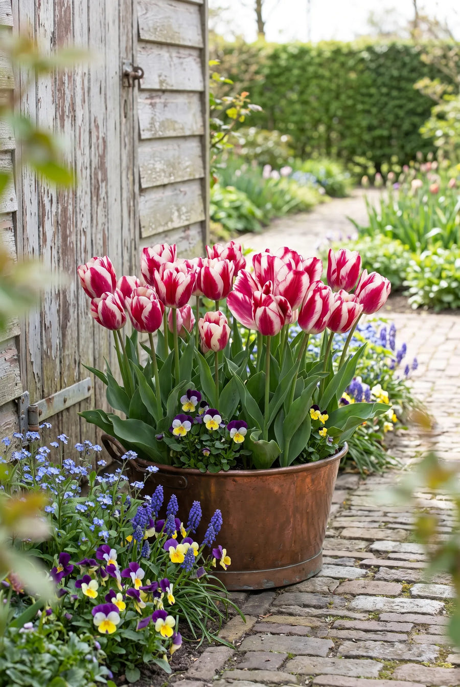 Tulipa Flaming Club — in pot op terras