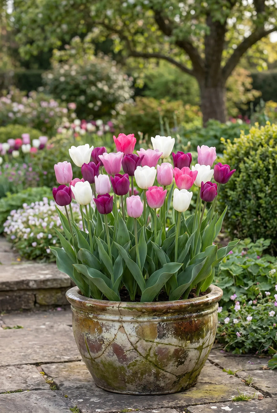 Tulipa Flower Power — in pot op terras