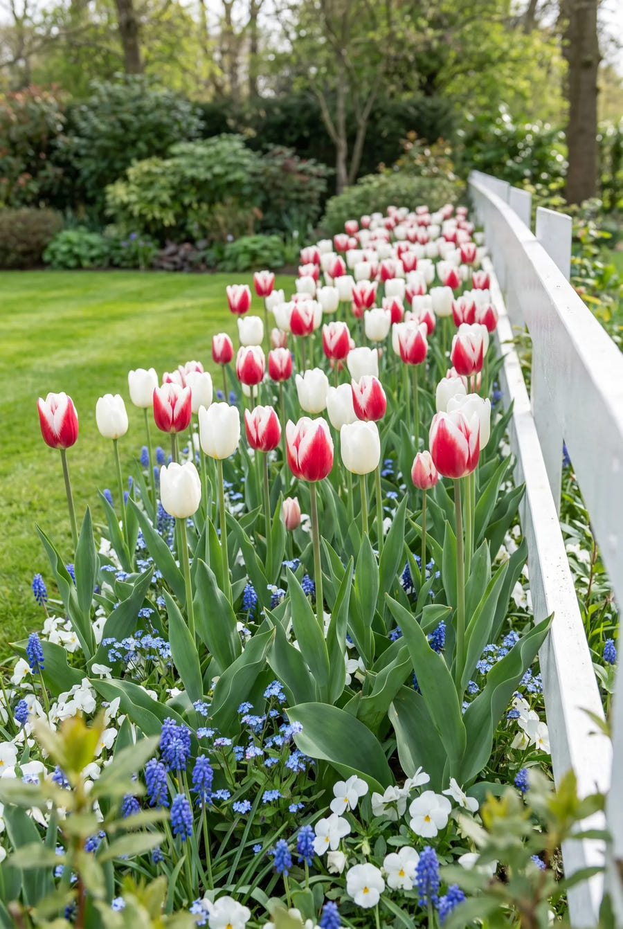 Tulipa Red Snow — groep in de tuinborder