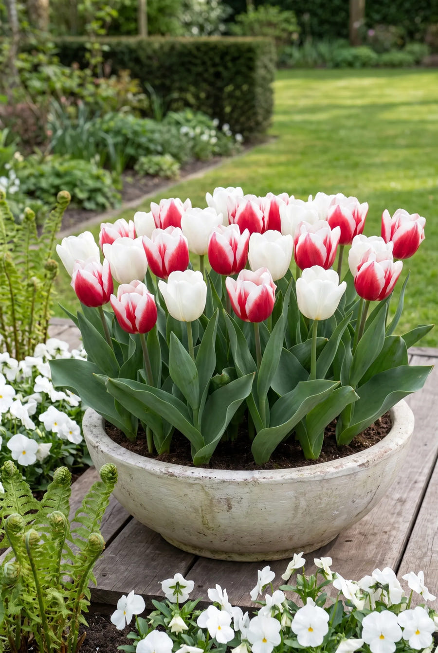 Tulipa Red Snow — in pot op terras