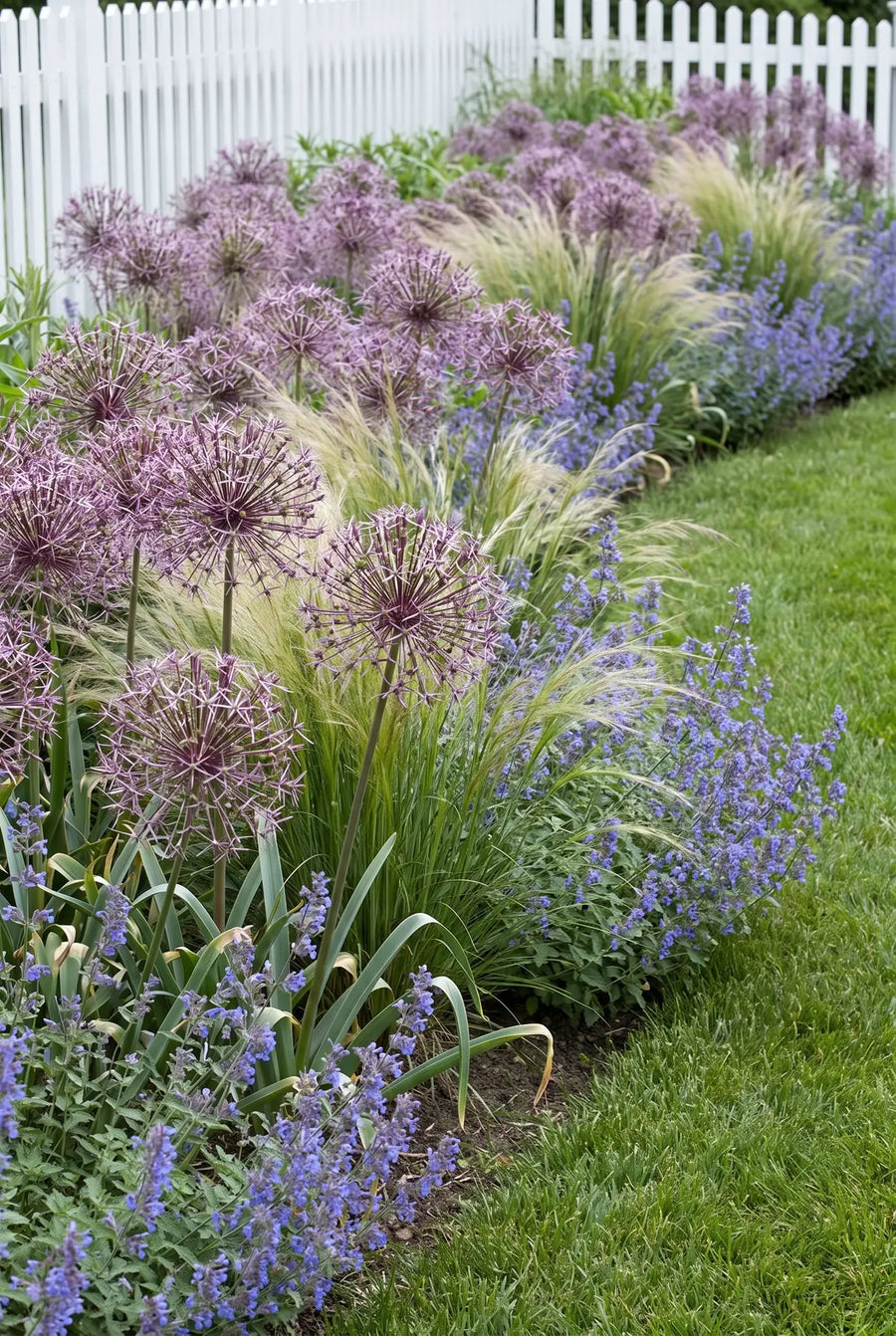 Allium Christophii — groep in de tuinborder