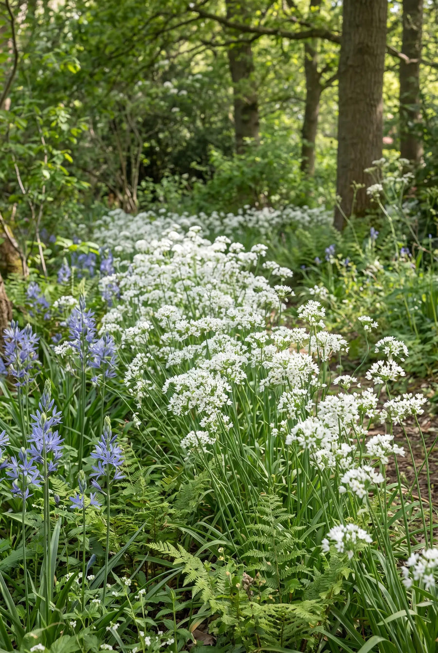 Allium Neapolitanum — groep in de tuinborder