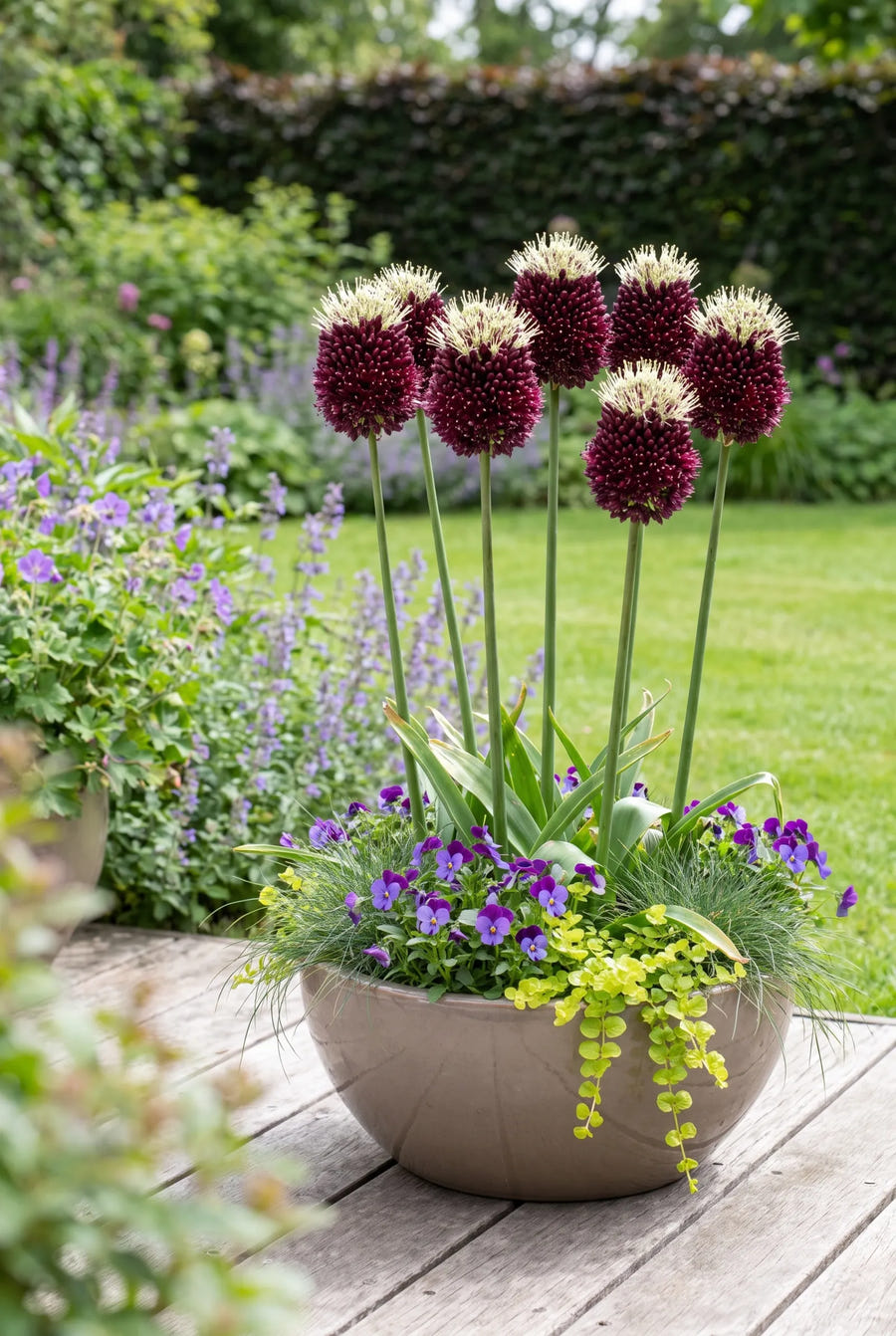 Allium Red Mohican — in pot op terras
