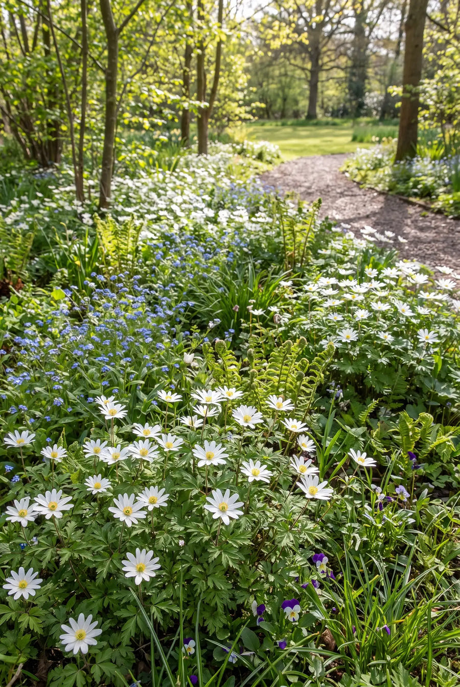 Anemone White Splendour — groep in de tuinborder