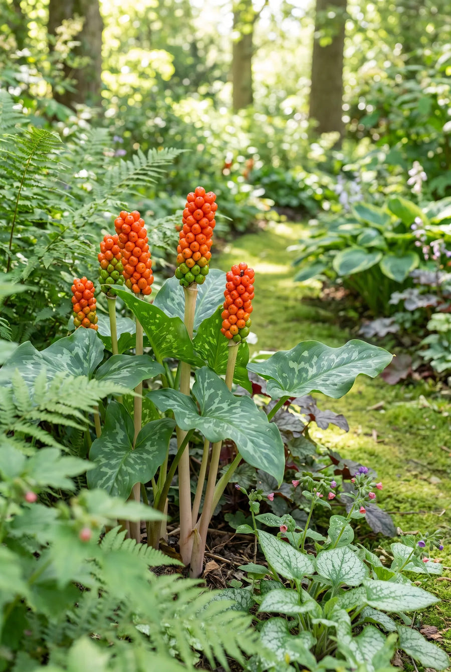 Arum Italicum — groep in de tuinborder