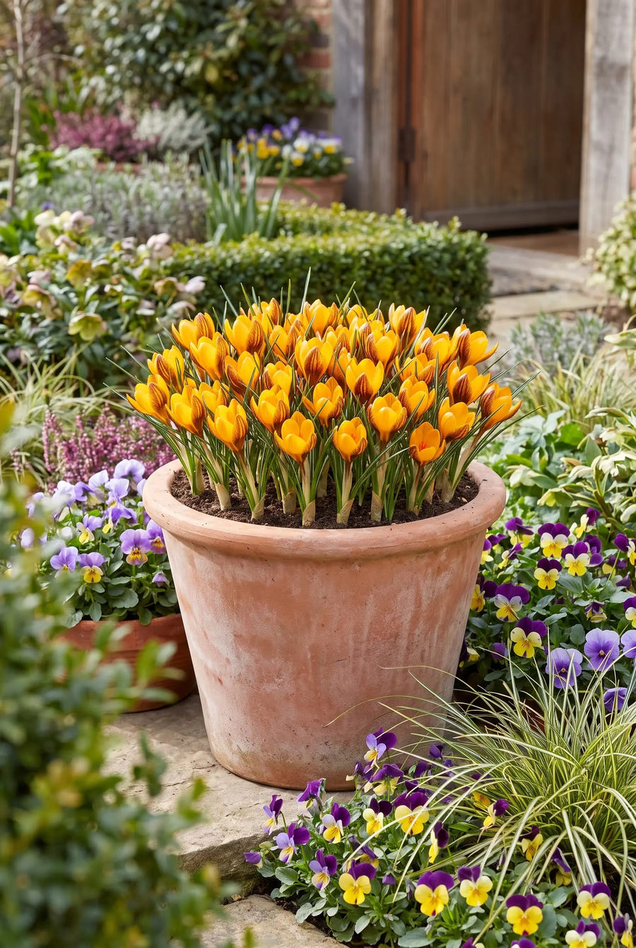Crocus Orange Monarch — in pot op terras