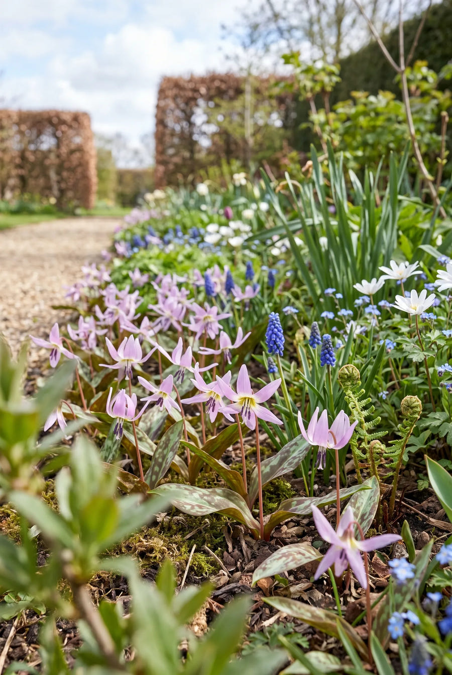Erythronium Purple King — groep in de tuinborder