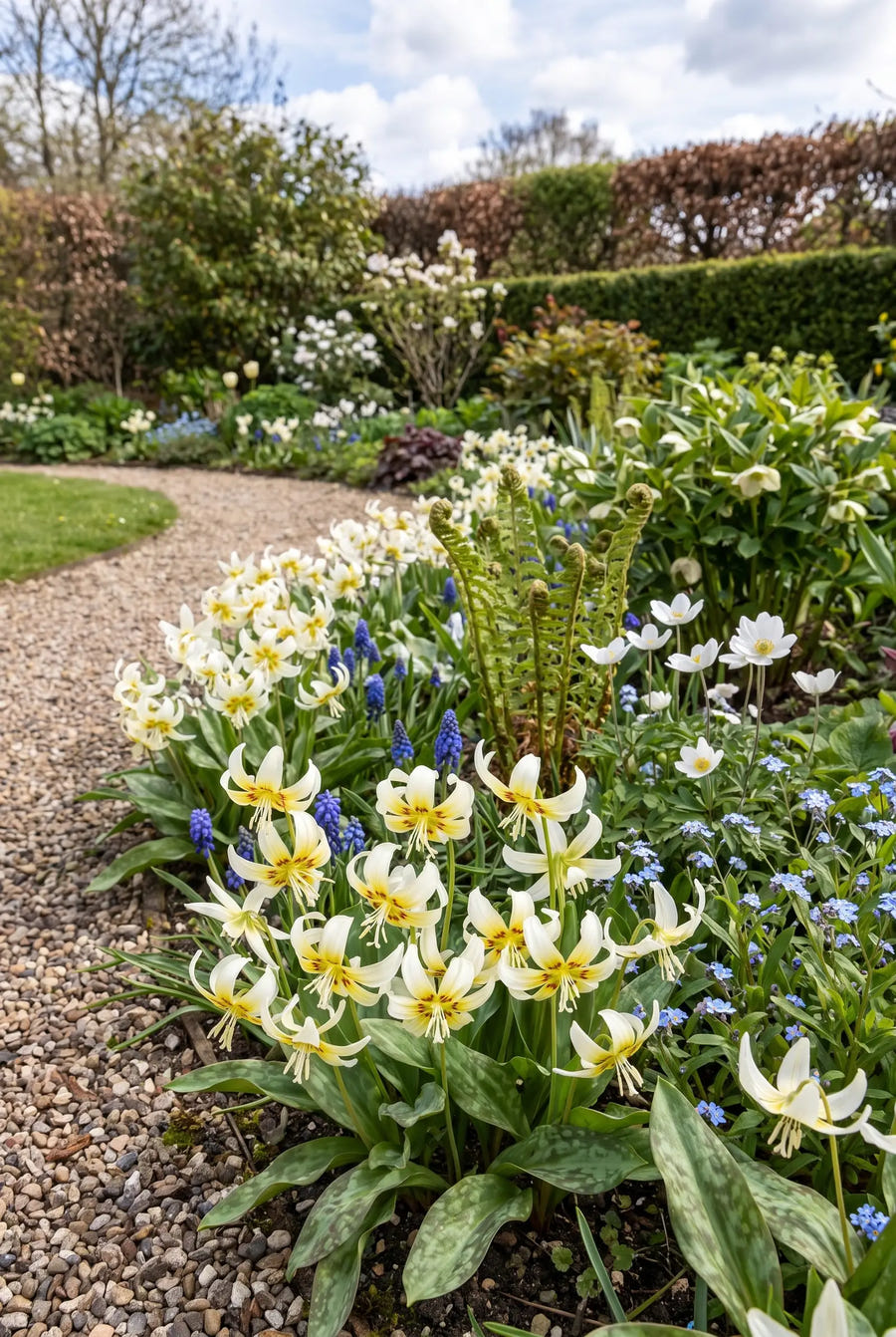Erythronium White Beauty — groep in de tuinborder