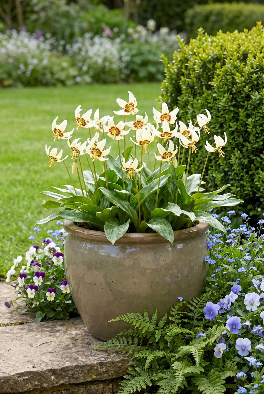 Erythronium White Beauty — in pot op terras