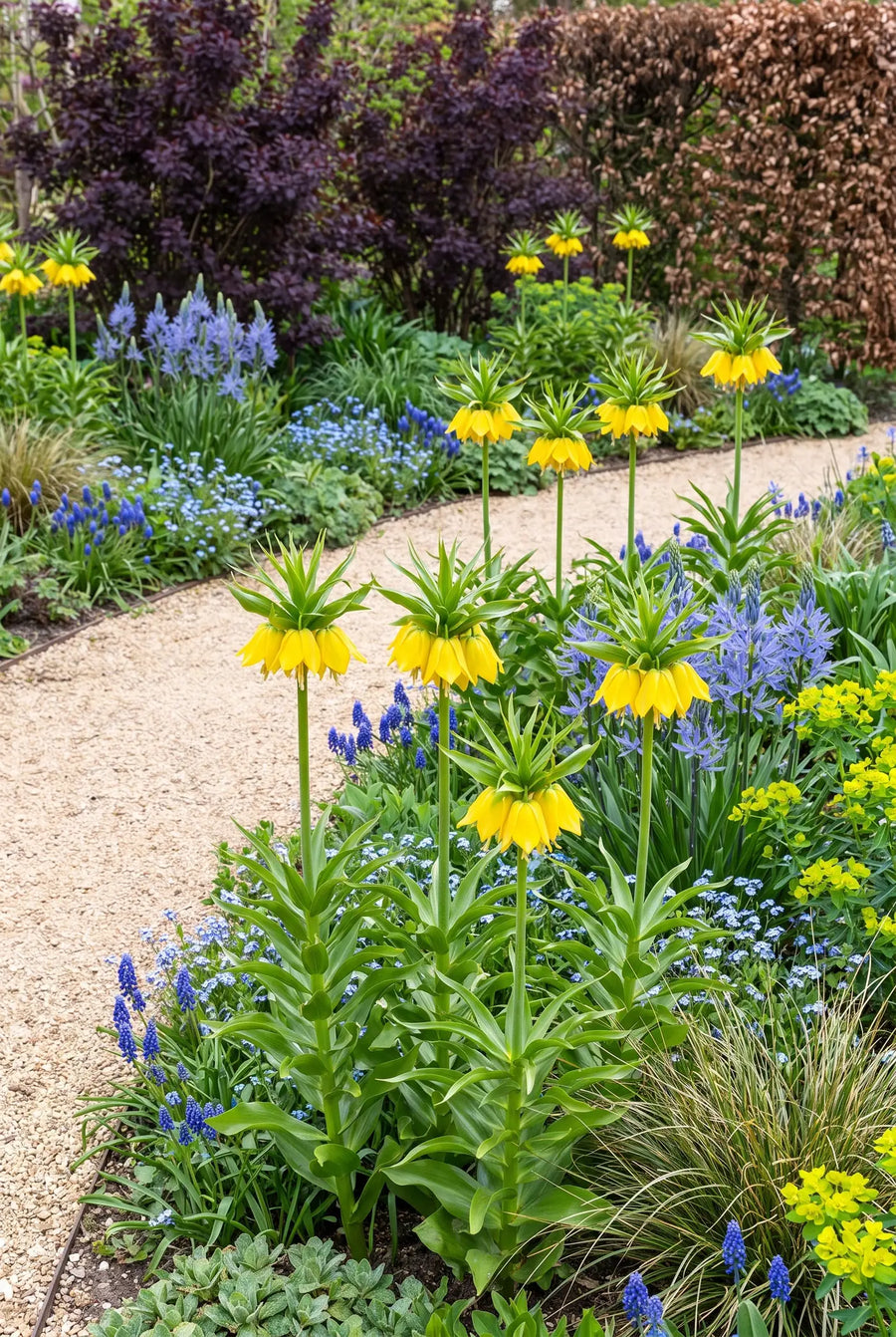 Fritillaria Lutea — groep in de tuinborder