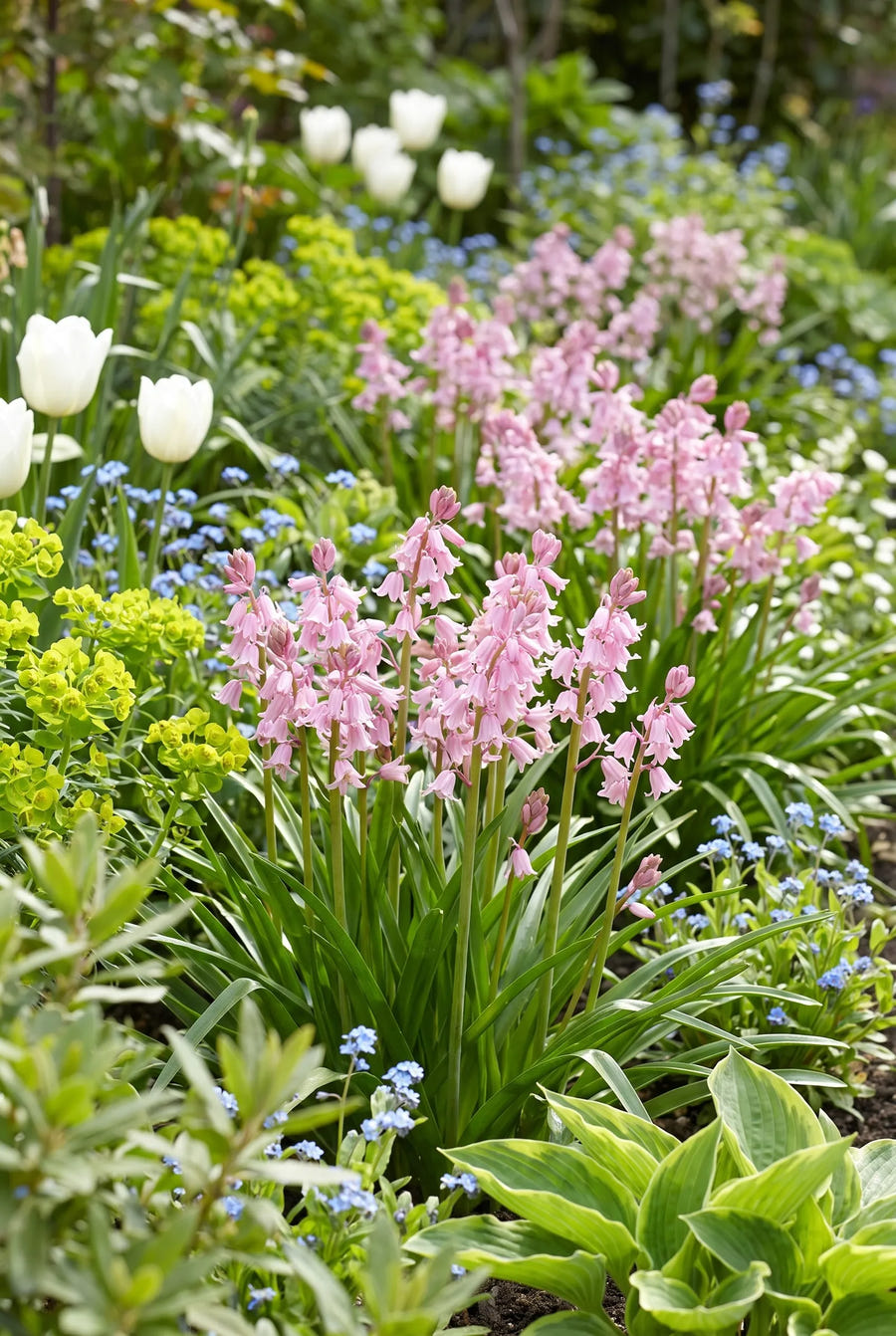 Hyacinthoides Pink — groep in de tuinborder