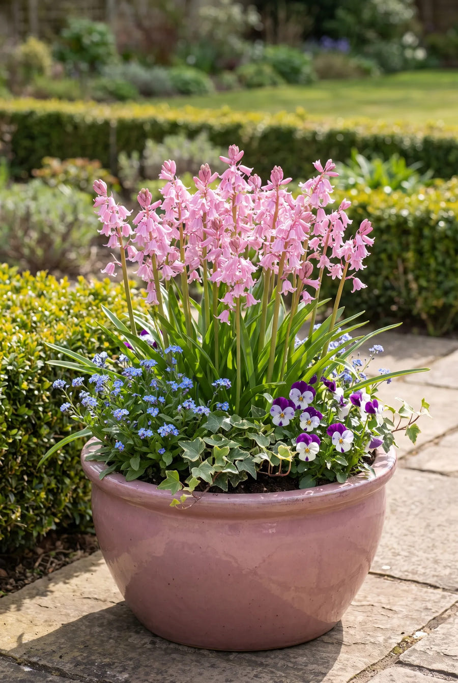 Hyacinthoides Pink — in pot op terras