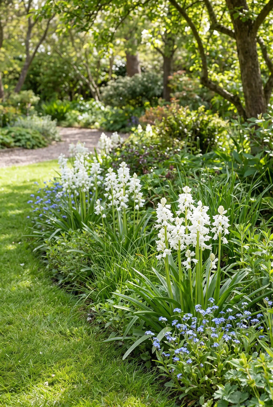 Hyacinthoides White — groep in de tuinborder