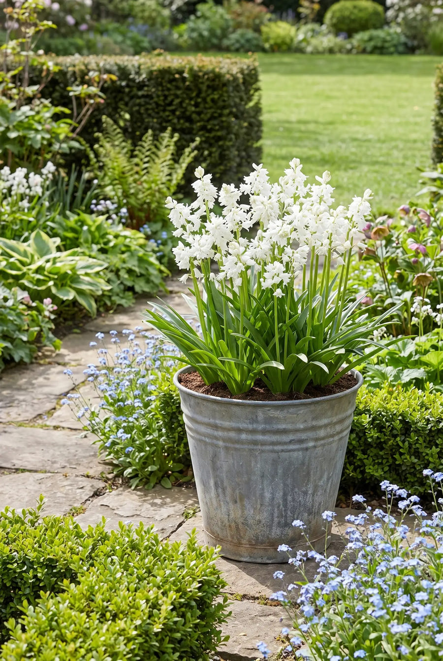 Hyacinthoides White — in pot op terras