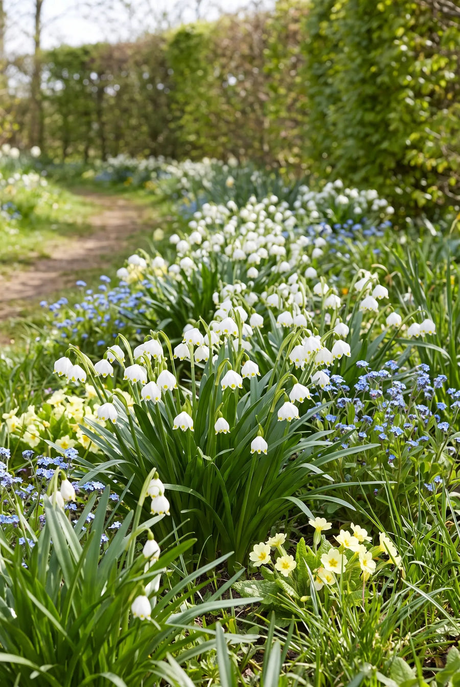 Leucojum Vernum — groep in de tuinborder