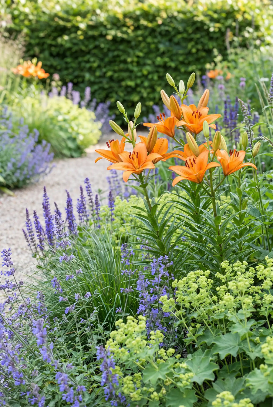 Lilium Orange — groep in de tuinborder