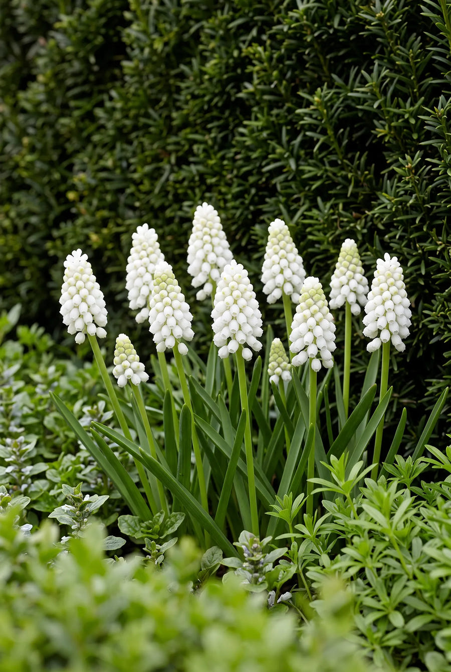 Muscari White Magic — groep in de tuinborder