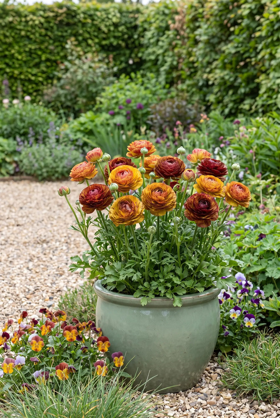 Ranunculus Cafe Picotee — in pot op terras