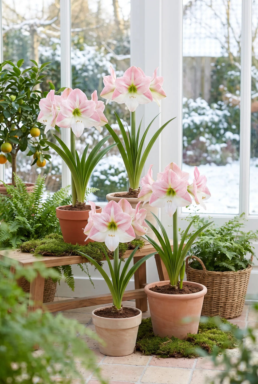 Hippeastrum Apple Blossom — groep in de tuinborder