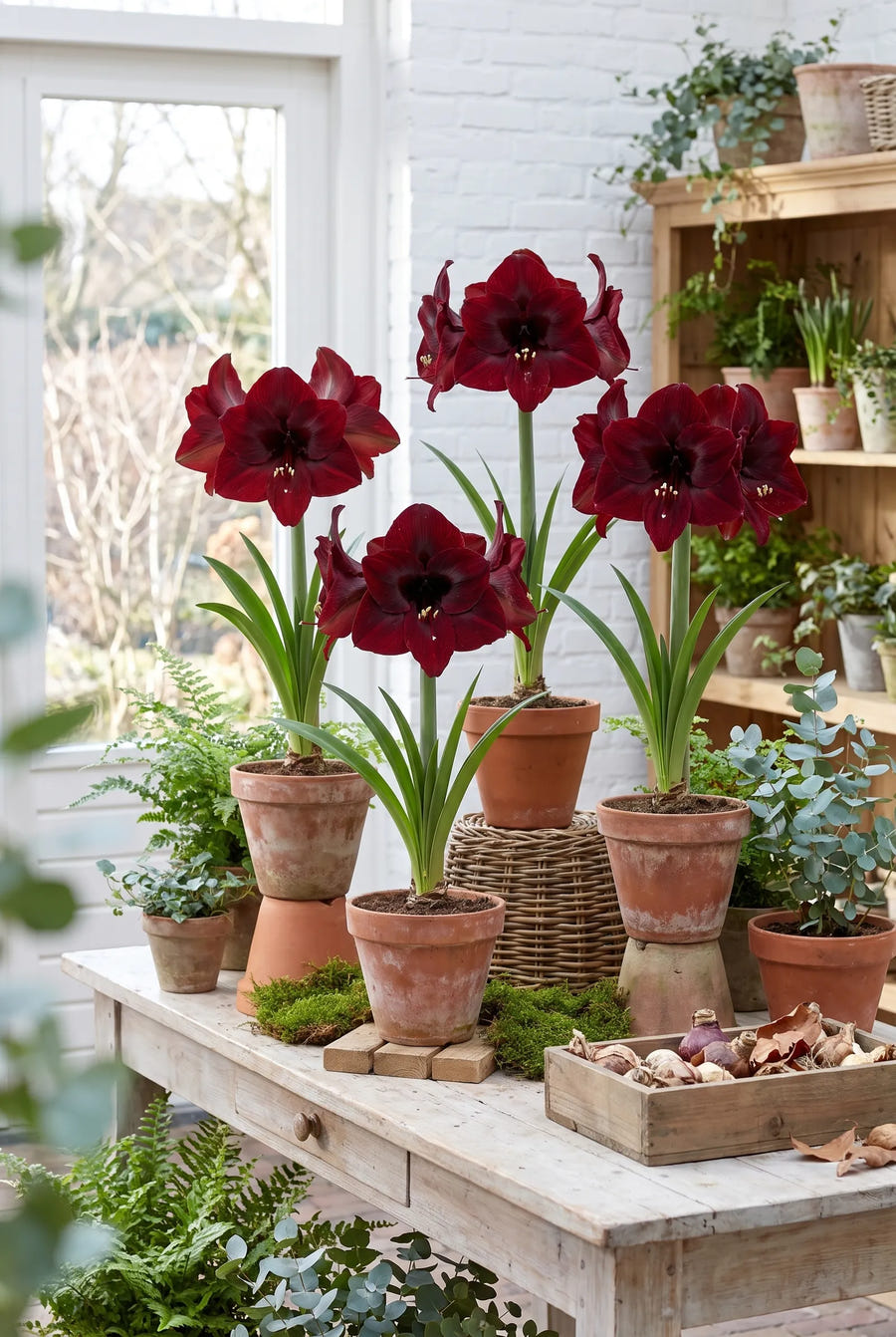 Hippeastrum Benfica — groep in de tuinborder