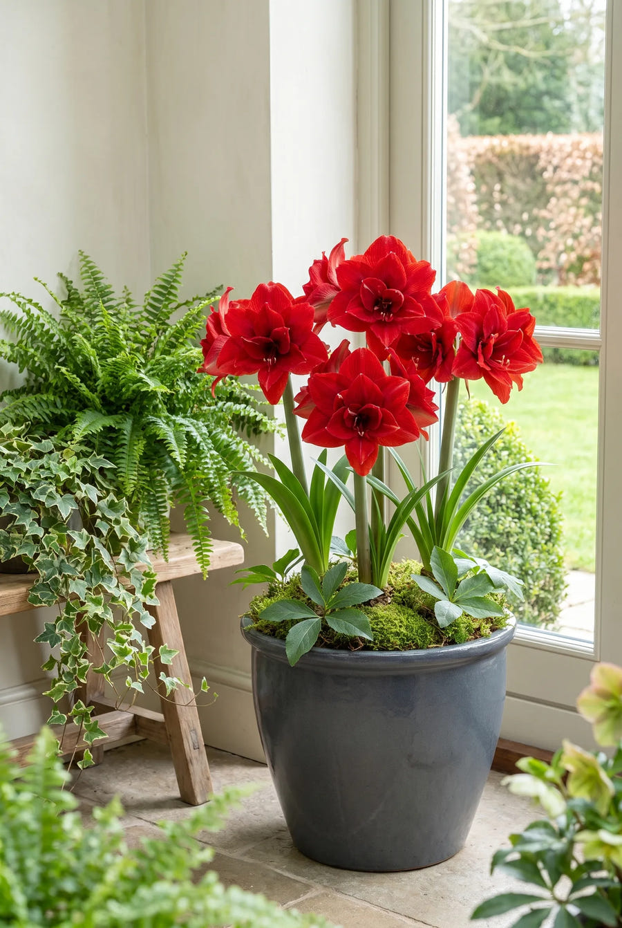 Hippeastrum Cherry Nymph — in pot op terras