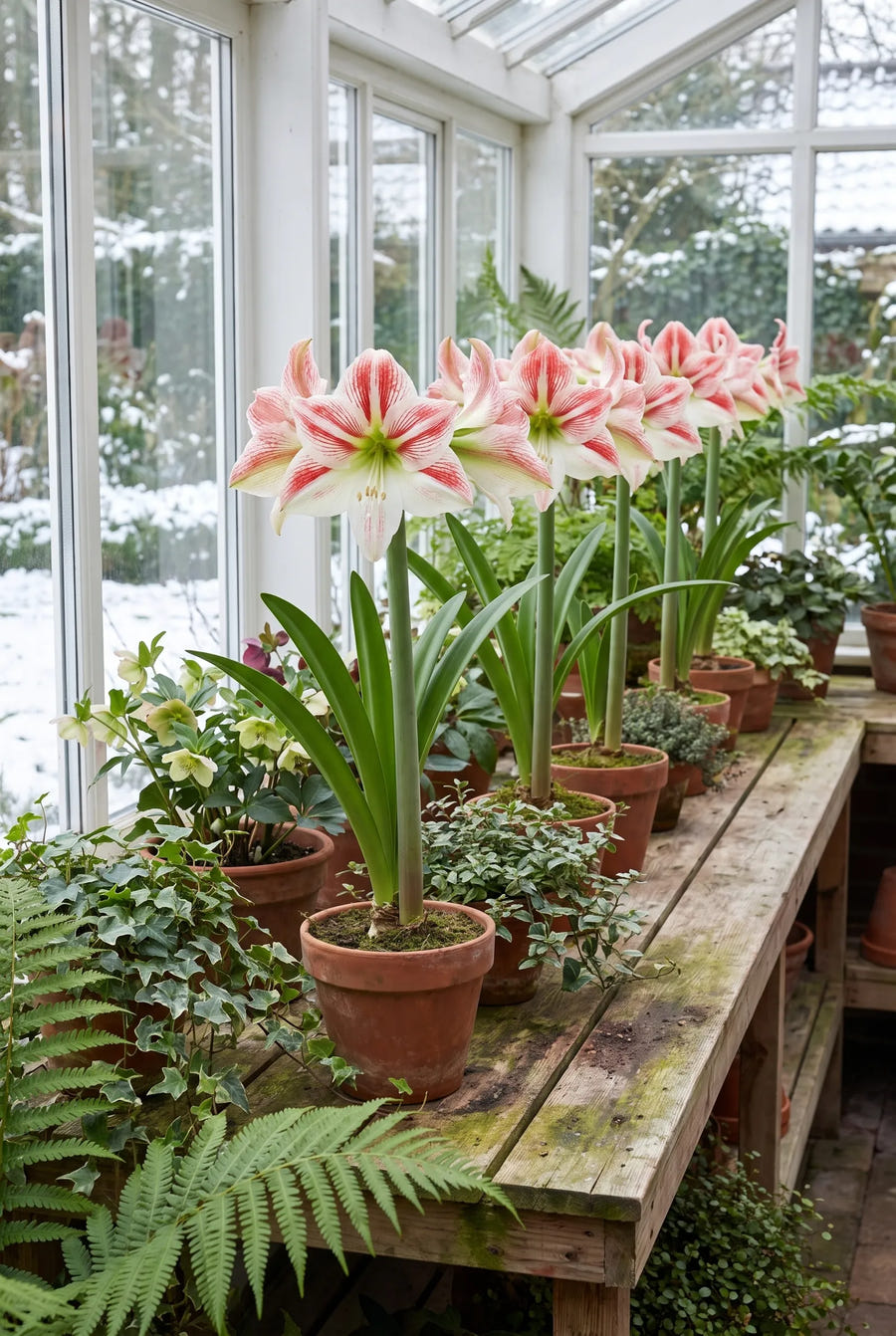 Hippeastrum Clown — groep in de tuinborder