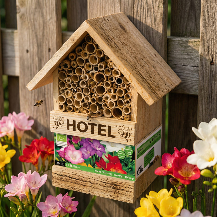 Bijenhotel met Freesiabollen