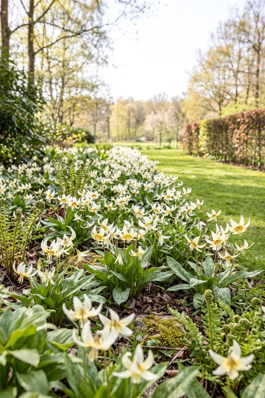 Erythronium White Beauty — groep in de tuinborder