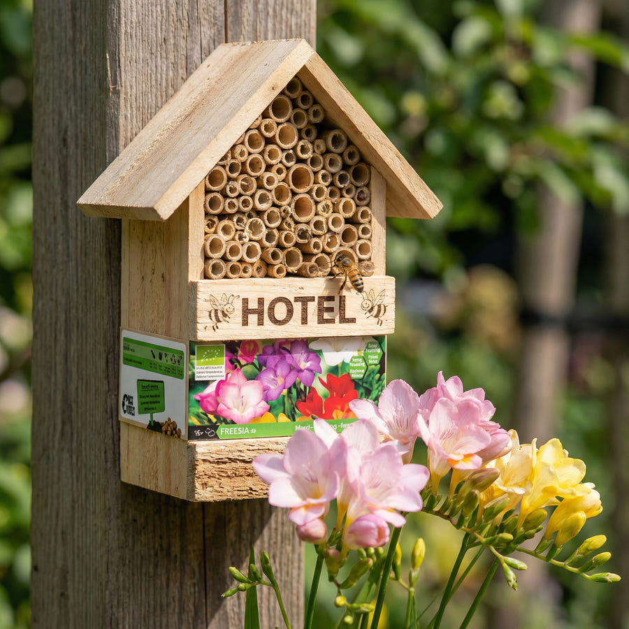 Bijenhotel met Freesiabollen