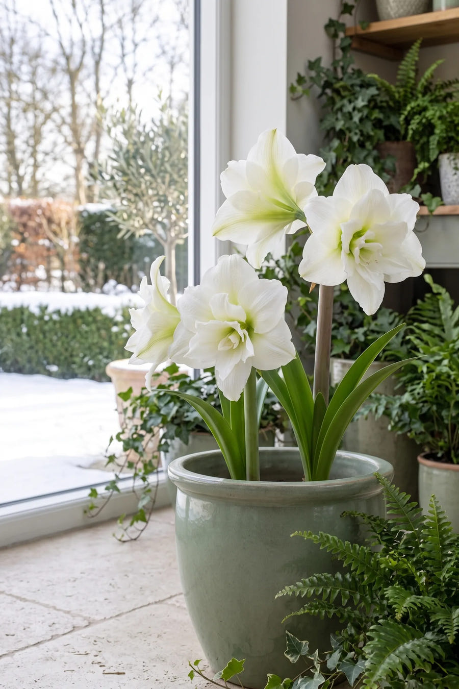 Hippeastrum White Nymph — in pot op terras, extra beeld