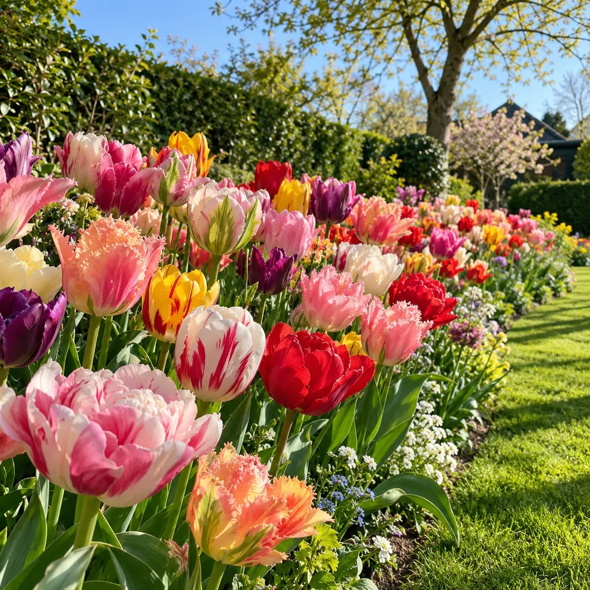 Tulpen Mysterybox — border vol gemengde tulpen in de ochtendzon
