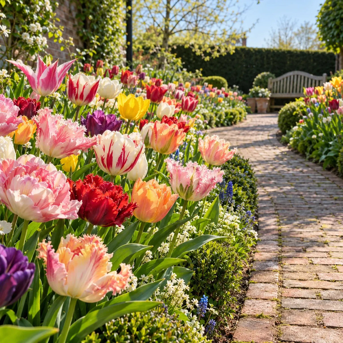Tulpen Mysterybox — tulpenborder langs een bakstenen tuinpad