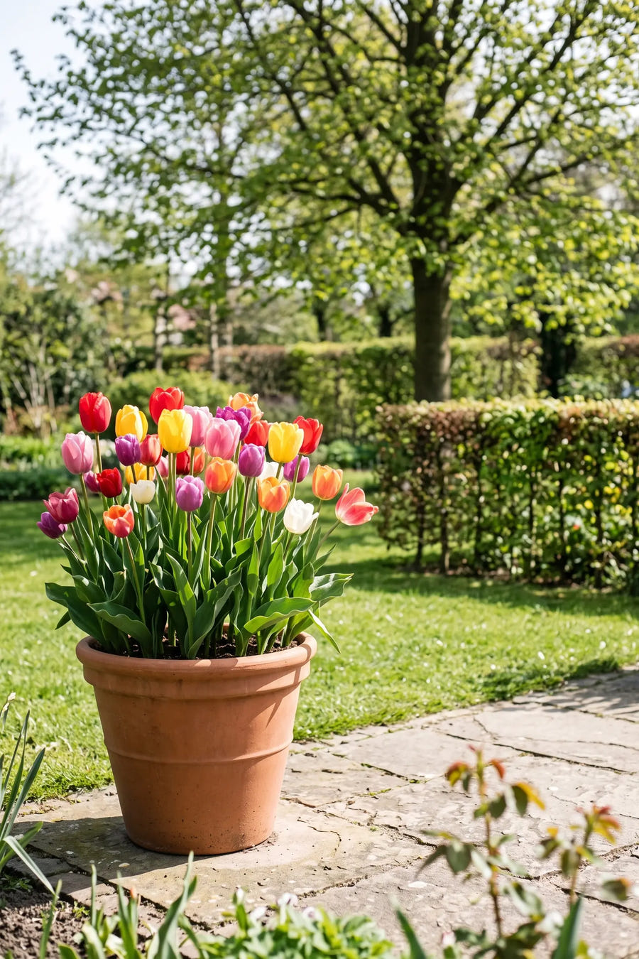 Tulipa Triumph Mixed — in pot op terras